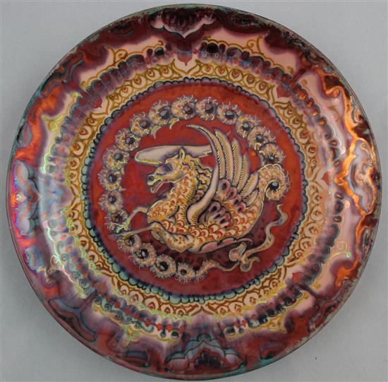 An L.E.F. Bodart Delft lustre wall plate, c.1920, 23cm